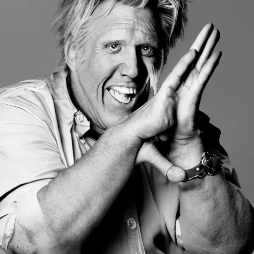 Prompt: studio portrait of gary busey with a giant foot emerging from his mouth