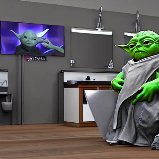 Image similar to yoda at the barbershop, highly detailed, unreal render, 4k hdr