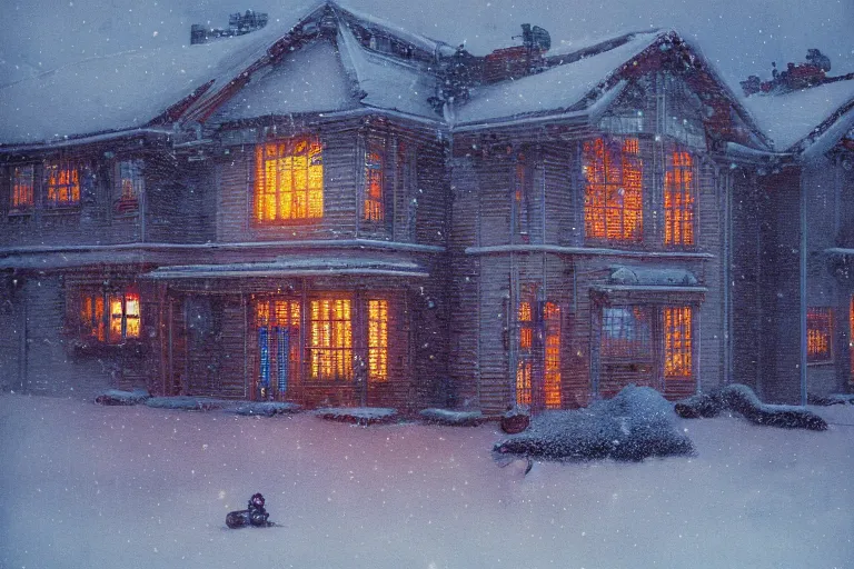 Prompt: cyberpunk, winter in the snow, Christmas lights, external view of a 5 bedroom detached cyberpunk house in the UK, by Beksinski