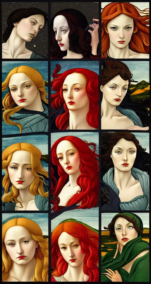 Image similar to the 12 months of the year as figures, (3 are Winter, 3 are Spring, 3 are Summer and 3 are Autumn), in a mixed style of Botticelli and Æon Flux, inspired by pre-raphaelite paintings and shoujo manga, hyper detailed, stunning inking lines, flat colors, 4K photorealistic