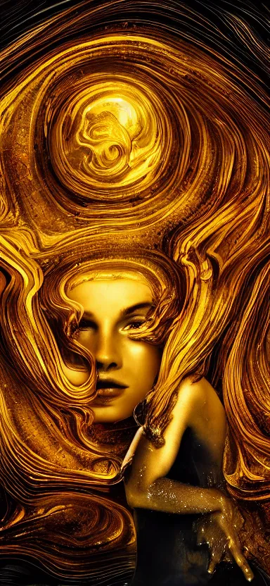 Image similar to epicillustration, abstract sculpture of beautiful female body and black swirling liquifying acrylic portrait, curly fluffy clouds, glowing edges, golden hour, beautiful light, sculpture of carving marble, dark colors, dark mood, one point light, golden spirals, clockwork, epic matte painting, concept art, bokeh, digital painting