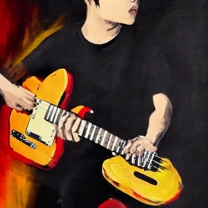 Image similar to large brush painting of a young korean male musician wearing stylish black v neck t shirt holding a telecaster!!! electric guitar!!, candid!! dark background, thick flowing dramatic brush strokes, dark matte colors, abstract, impressionist, motion, trending on artstation