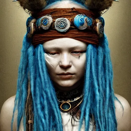 Image similar to A young blindfolded shaman woman with a decorated headband, in the style of heilung, blue hair dreadlocks and wood on her head, atmospheric lighting, intricate detail, cgsociety, ambient light, dynamic lighting, made by karol bak