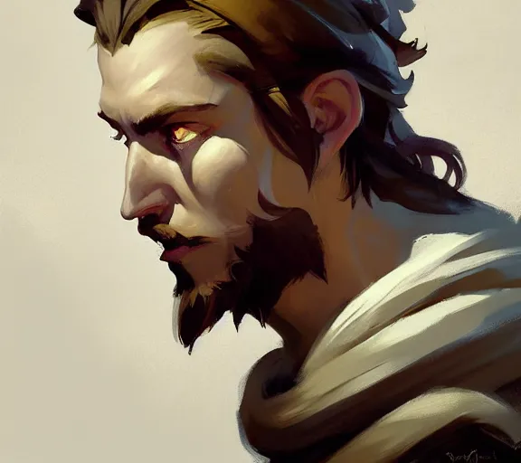 Image similar to greg manchess portrait painting of bard, d & d, fantasy, medium shot, asymmetrical, intricate, elegant, matte painting, illustration, hearthstone, by greg rutkowski, by greg tocchini, by james gilleard, by joe fenton, dynamic lighting, gradient light blue, brown, blonde cream and white color scheme, grunge aesthetic