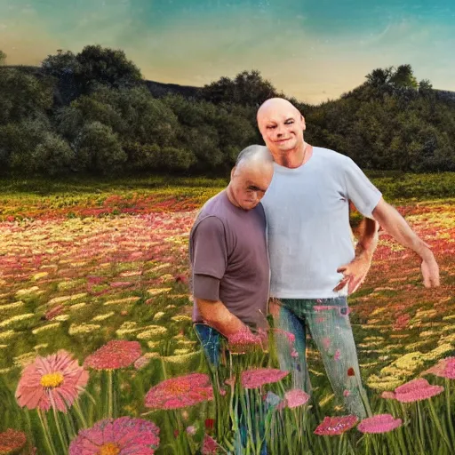 Image similar to a man is white and balding, and middle aged, and the other man is latino and skinny, together in a field of flowers at sunset, realistic, intricate, 4k