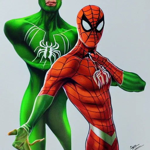 Image similar to an orange and green spiderman by artgerm