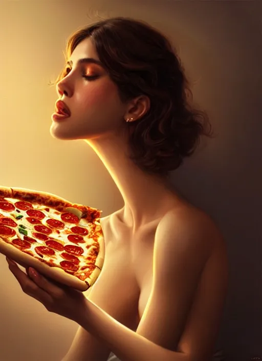 Prompt: portrait of eiza gonzales eating a pizza, intricate, elegant, glowing lights, highly detailed, digital painting, artstation, concept art, smooth, sharp focus, illustration, art by wlop, mars ravelo and greg rutkowski