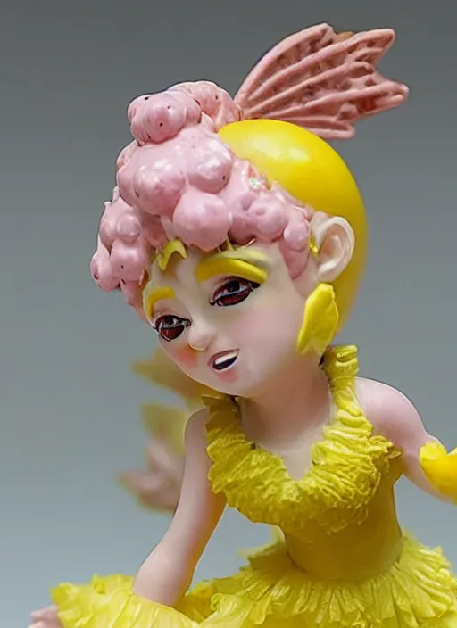 Prompt: a wholesome femo figurine of a cute funny lemon fairy with freckles wearing a frilly floral lemon dress featured on dark souls by studio ghibly and h r giger made of lemon curd jar, pastels, wide angle, dynamic dancing pose, 🎀 🍋 🧚