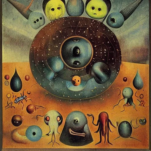 Image similar to a new small cute creature from space cosmic multiple eyes a bit weird cosmic with an intriguing wonderful machine beside him, tarot card, beautiful frames, Leonora Carrington moebius Hieronymus Bosch Max Ernst dali Zdzisaw Beksiñski Roland Topor Henryk Plociennik