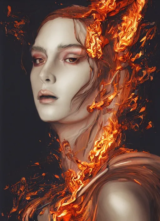 Image similar to sculpture made of flame, portrait, female, future, torch, fire, harper's bazaar, vogue, fashion magazine, intricate, concept art, close up, ornate, luxury, elite, elegant, trending on artstation, by ruan jia, by Kenneth Willardt, by ross tran, by WLOP, by Andrei Riabovitchev,