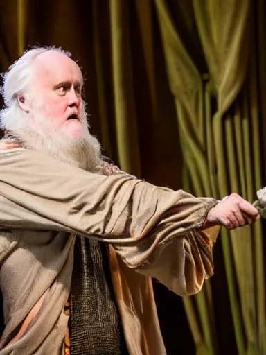 Image similar to a photograph of John Lithgow as Prospero holding a staff from the stage production of The Tempest taken with Nikon D3500, highly detailed