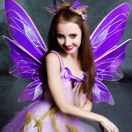 Image similar to very very very beautiful tiny fairy woman in her 20s with fairy wings wearing skintight purple dress, making eye contact, smiling, flirty, perfect body, perfect face, hyperrealistic