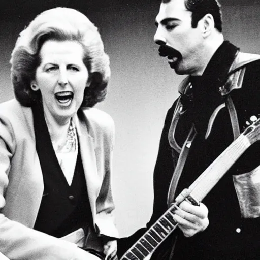 Prompt: photograph of margaret thatcher playing guitar on stage with freddie mercury