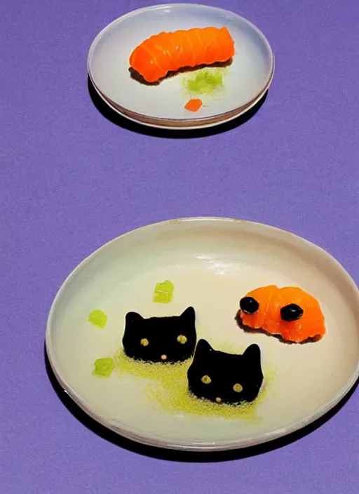 Image similar to clear surrealist painting of tiny adorable cats made from sushi rice, sitting on sushi plates with sushi, garnish, wasabi and soy sauce