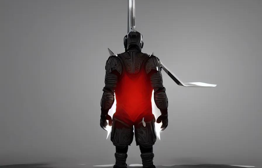 Image similar to modern warrior with his back to the viewer, futuristic outfit, back light, full body view, 8 k, 3 d render, cinematic lighting