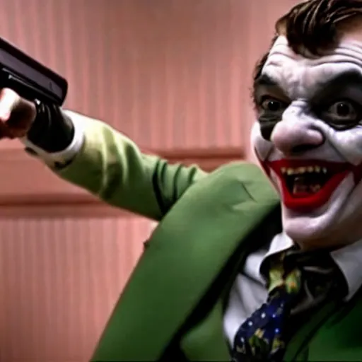 Image similar to A still of Mr Bean as the Joker pointing a gun at the camera in Joker (2019)