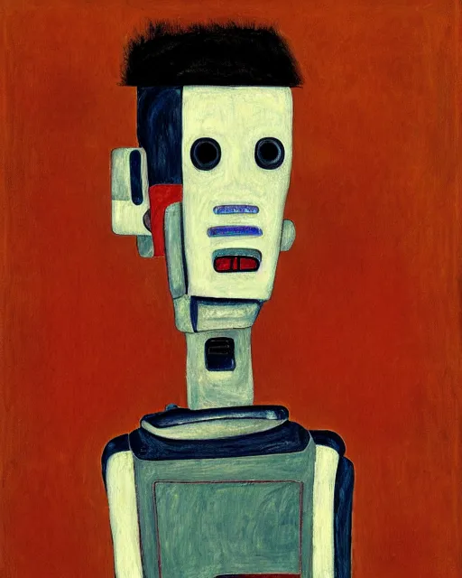 Image similar to portrait of a robot on the sofa, in the style of Egon Schiele