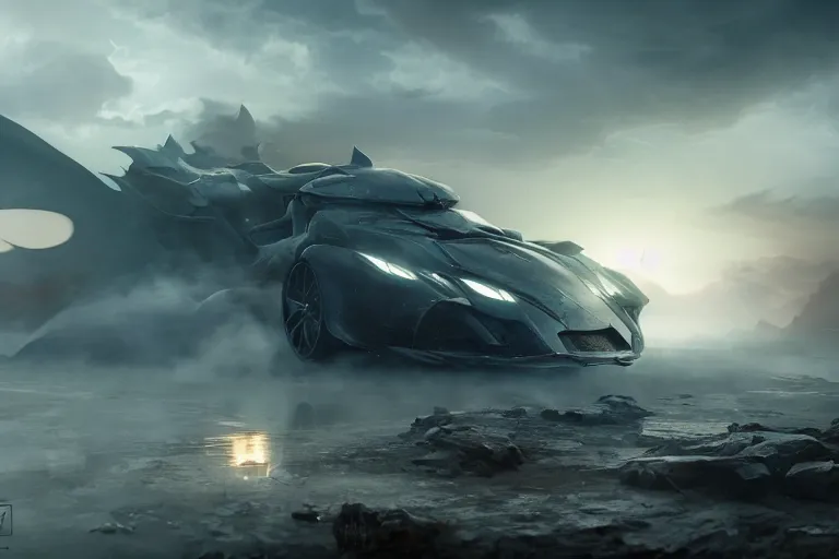 Image similar to the batmobile caught in the flow of time. octane render. 8 k. dark. atmospheric. cinematic. spectacular. sense of awe. mist. strong winds. sunrise. super slowmotion. matte painting painted by thu berchs and peter mohrbacher