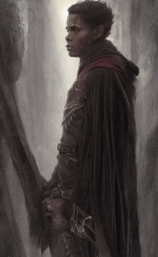 Prompt: Portrait of an elf in a black cloak with dark hair, dark skin, male, detailed face, fantasy, highly detailed, cinematic lighting, digital art painting by greg rutkowski