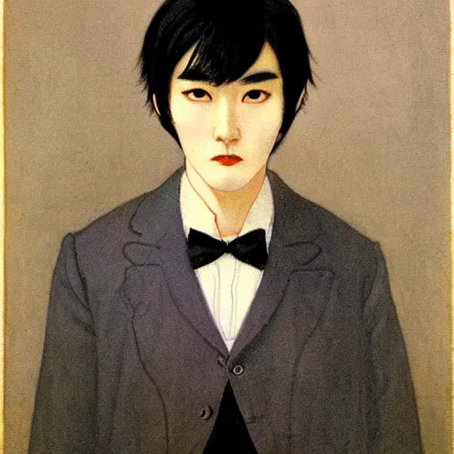 Image similar to full body painting of grumpy handsome thin beautiful man in his 2 0 s named min - jun in a french female maid outfit, modern clothing, elegant, clear, painting, stylized, delicate facial features, stylized thin lines, soft but grumpy, highly detailed, art, art by egon alphonse yamamoto