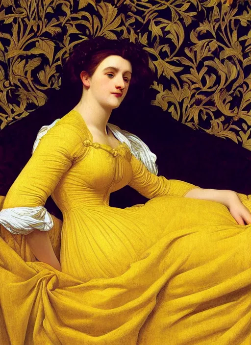 Image similar to masterpiece portrait of lady reclining on bed wearing yellow ochre ornate medieval dress, vertical, foreshortening, colour photography by frederic leighton, william morris, 8 k