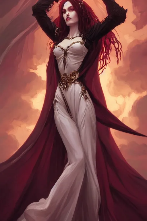 Image similar to beautiful vampire female queen, full body shot, ascending form the sky, hands reaching for her, d & d, fantasy, intricate, elegant, highly detailed, digital painting, artstation, concept art, matte, sharp focus, illustration, hearthstone, art by artgerm and greg rutkowski and alphonse mucha