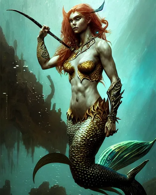 Image similar to a fierce mermaid warrior under water, fantasy character portrait, ultra realistic, concept art, intricate details, highly detailed by greg rutkowski, gaston bussiere, craig mullins, simon bisley