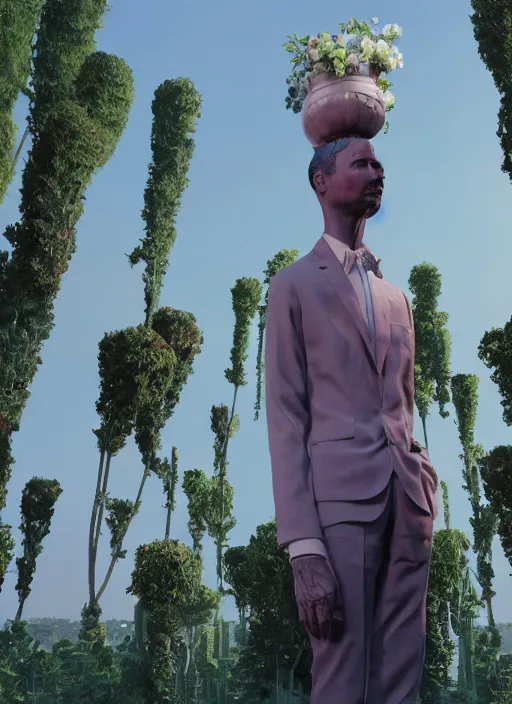 Image similar to a sculpture of a man standing next to a tall vase, a raytraced image by Hikari Shimoda, polycount, video art, vray tracing, ray tracing, rendered in unreal engine