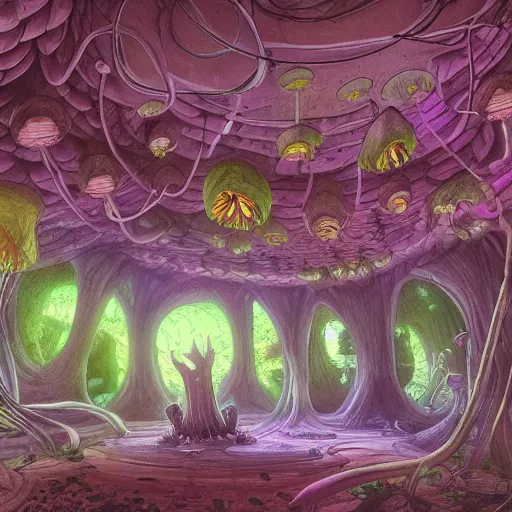 Image similar to concept art painting of a interior of a fungal circular alien fantasy fairytale house made of mushrooms, with black vines, realistic, detailed, cel shaded, magenta and gray, dark, in the style of makoto shinkai and greg rutkowski and james gurney