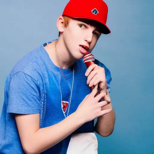 Image similar to a portrait of an american teenage boy with cyan colored hair, wearing a red backwards cap with a blue brim, white t - shirt with a red no symbol on it, blue long pants and red shoes, holding a microphone, studio lighting, photoshoot, grey backdrop