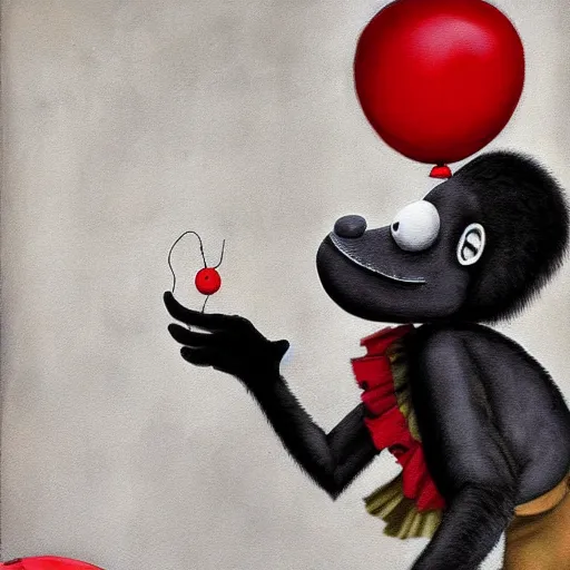 Prompt: grunge cartoon painting of an ape with a wide smile and a red balloon by chris leib, loony toons style, pennywise style, horror theme, detailed, elegant, intricate