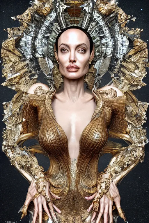 Image similar to a highly detailed 4 k render portrait of an alien goddess angelina jolie in iris van herpen dress schiaparelli armor in diamonds and lots of jewelry in style of alphonse mucha trending on artstation made in unreal engine 4