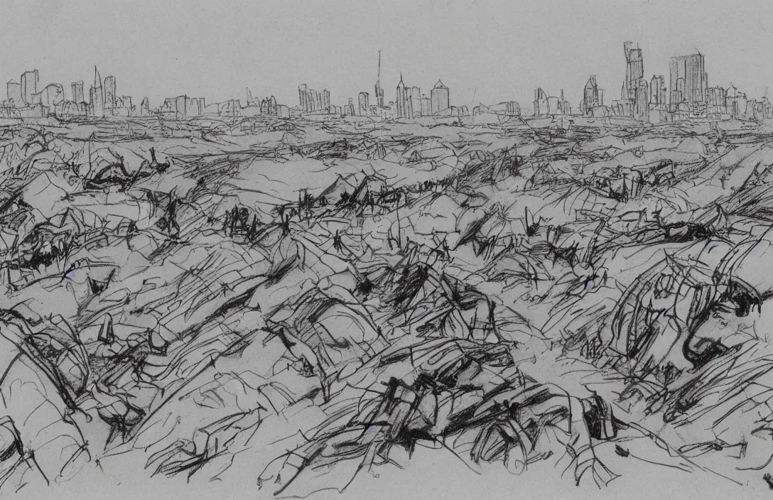 Image similar to milt kahl sketch of world war 1 trenches with the city of miami in the background