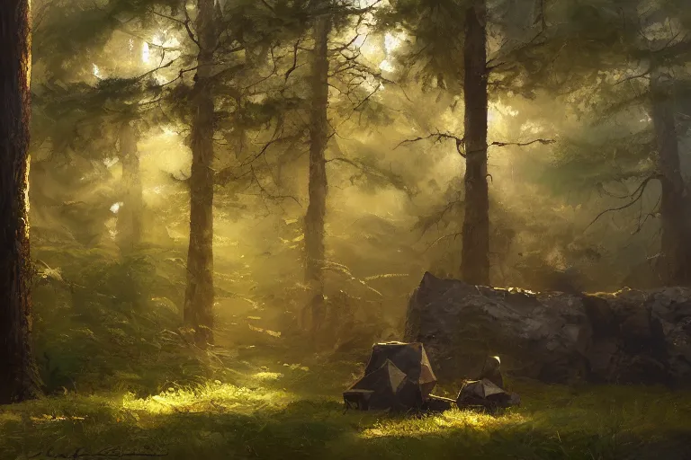 Image similar to An oil painting of a cube in a forest by Craig Mullins, dramatic lighting, realistic shadows, establishing shot, extremely high detail, artstation