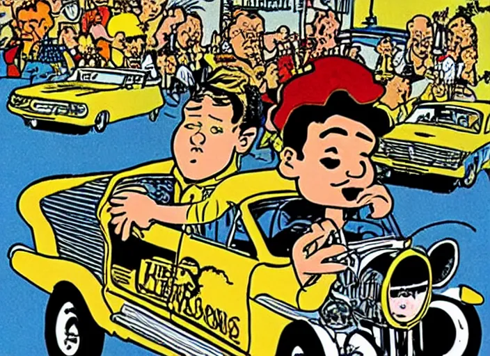 Prompt: Elvis presley driving a car , highly detailed, by Hergé, By Franquin, By Uderzo, By Willy vandersteen, by sergio aragones, by Hein de kort