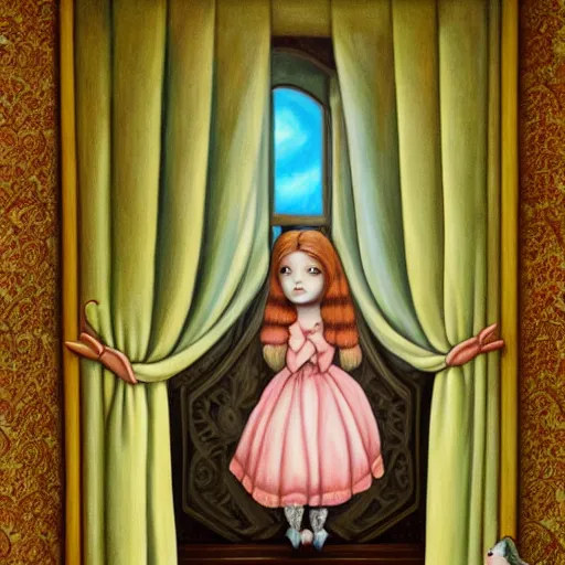 Image similar to a painting of a girl looking out a window at a moth, a storybook illustration by mark ryden, featured on deviantart, pop surrealism, storybook illustration, whimsical, detailed painting