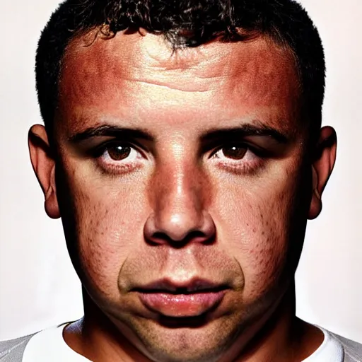 Prompt: real ronaldo nazario head and shoulders portrait photograph by martin schoeller