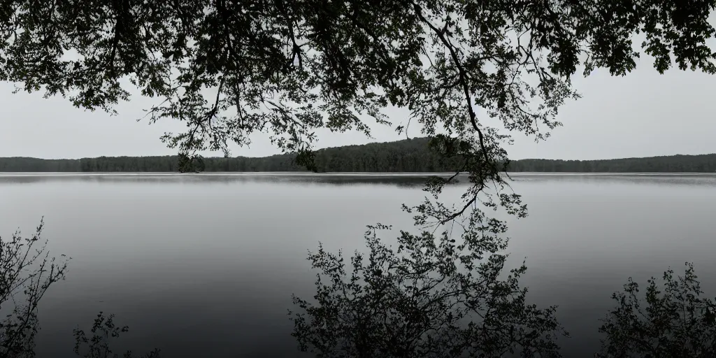 Image similar to centered colored photograph of a long rope snaking across the surface of the water, stretching out towards the center of the lake, a dark lake on a cloudy day, trees in the background, anamorphic lens