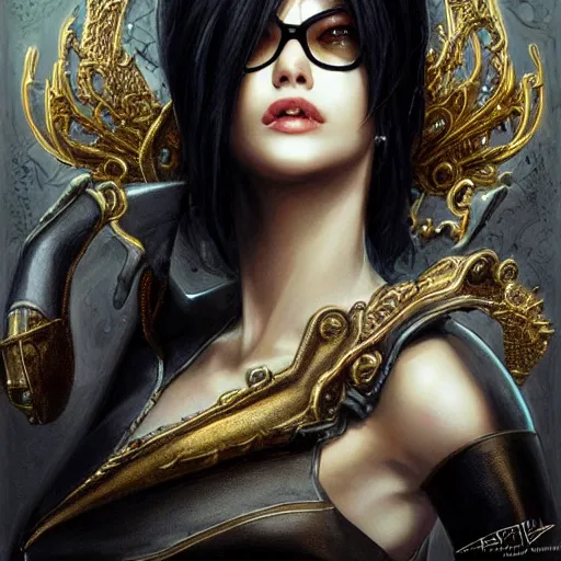 Prompt: a portrait a young asia argento as bayonetta, urban motifs, intricate, elegant, highly detailed, digital painting, trending on artstation, concept art, smooth sharp focus, illustration, art by artgerm and greg rutkowski