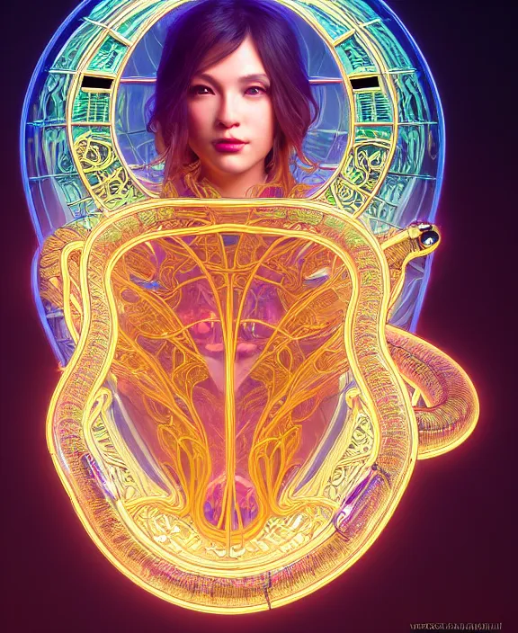 Image similar to intricate opulent transparent clear see - through portrait of handsome masculine snake, fractal, neon lights, circuitry, spaceport environment, ultra realistic, concept art, art nouveau, photorealistic, octane render, 8 k, unreal engine. art by nori inoguchi and sam kaplan and zachary goulko and christopher marley and artgerm and alphonse mucha