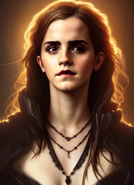 Image similar to portrait of emma watson as a vampire queen, jewelry, greek, black, intricate, headshot, highly detailed, digital painting, artstation, concept art, sharp focus, cinematic lighting, illustration, art by artgerm and greg rutkowski, alphonse mucha, cgsociety