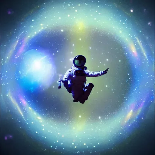 Prompt: ”astronaut in a soap bubble floating into a mysterious vortex in a strange galaxy, [epic, colorful, aweinspiring, otherwordly]”