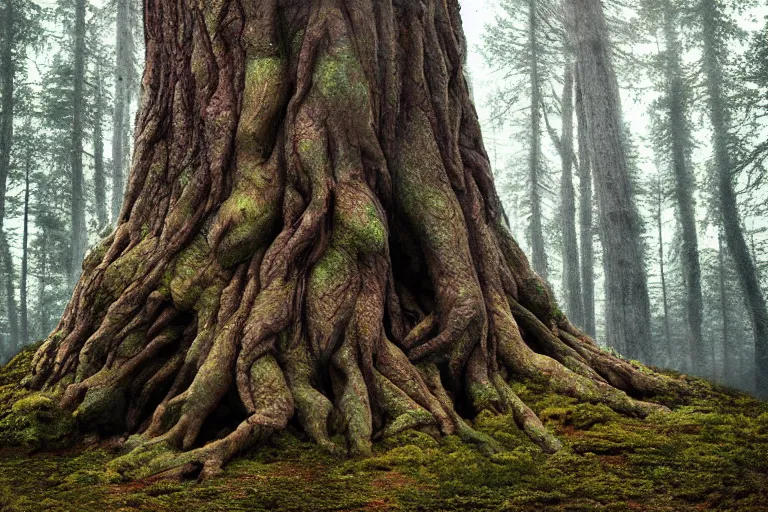 Image similar to ent monster tree in a swedish forest, very low angle photograph, very detailed, trending on artstation, realistic, soft colors, illustration by john bauer, simon stålenhag