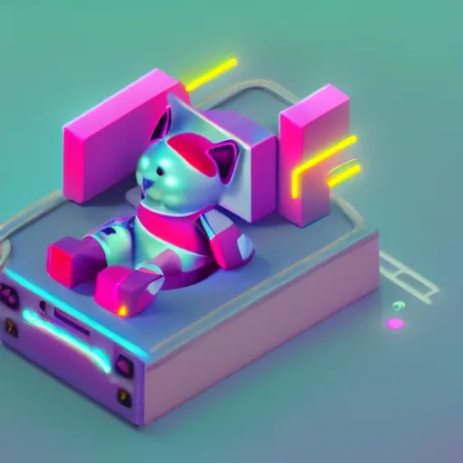 Prompt: Isometric View, Kitty Bot, 3D character, very colourful, cinematic lighting, soft neon, octane render, trending on Artstation