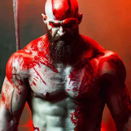 Prompt: film still of kratos as a demon in hell in the new lucifer movie, sharp focus, artstation