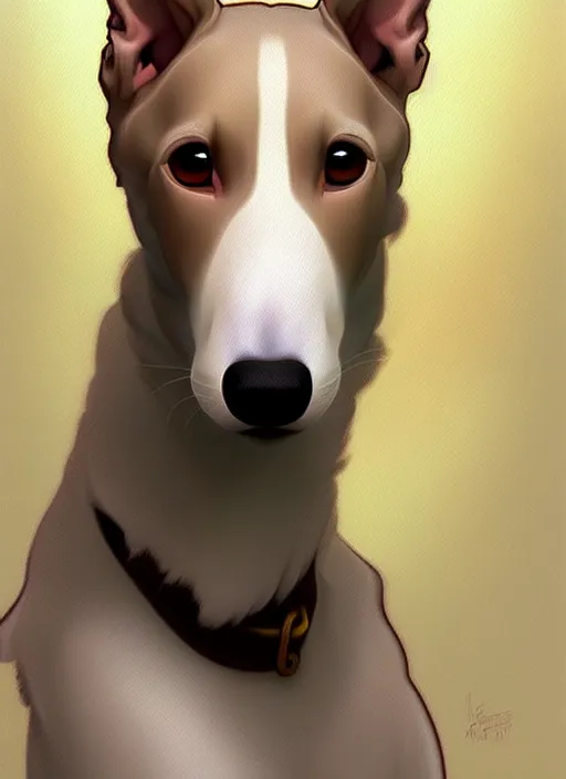 Image similar to cute white brown greyhound happy, natural lighting, path traced, highly detailed, high quality, digital painting, by don bluth and ross tran and studio ghibli and alphonse mucha, artgerm