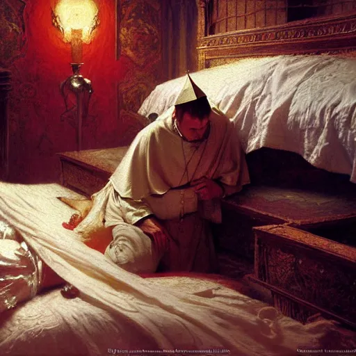 Prompt: the catholic pope in his bed, scared, because a horned demon is attacking him. highly detailed painting by gaston bussiere, greg rutkowski, craig mullins 8 k