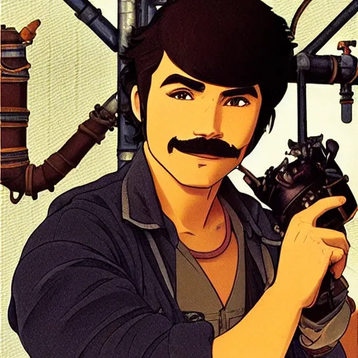 Image similar to burt reynolds as an airship mechanic wearing a tank top and overalls fixing pipes below deck, steampunk, realistic facial features, highly detailed, illustration, Makoto Shinkai and Studio Ghibli animated film still, by Ilya Kuvshinov and Alphonse Mucha