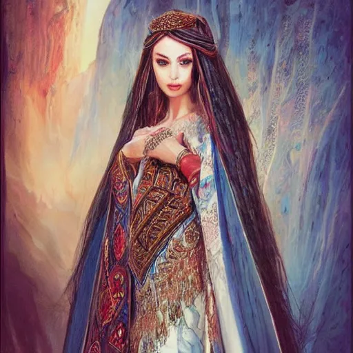 Image similar to a beautiful arabian woman wearing a wedding dress kaftan by karol bak, ayami kojima, artgerm, arabian beauty, blue eyes, smile, concept art, fantasy