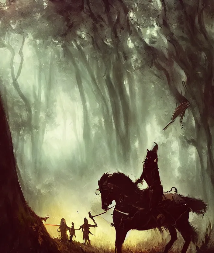 Image similar to a hero against the grain who wields his sword against a monstrous black rider of death in a fantastic woodland setting by finnstark anato